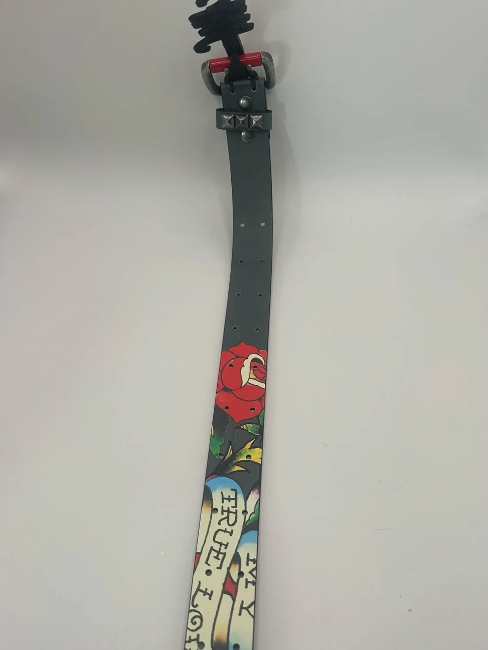 Ed Hardy Men's Graphic Print Studded Skull Belt Adjustable Buckle Black 42